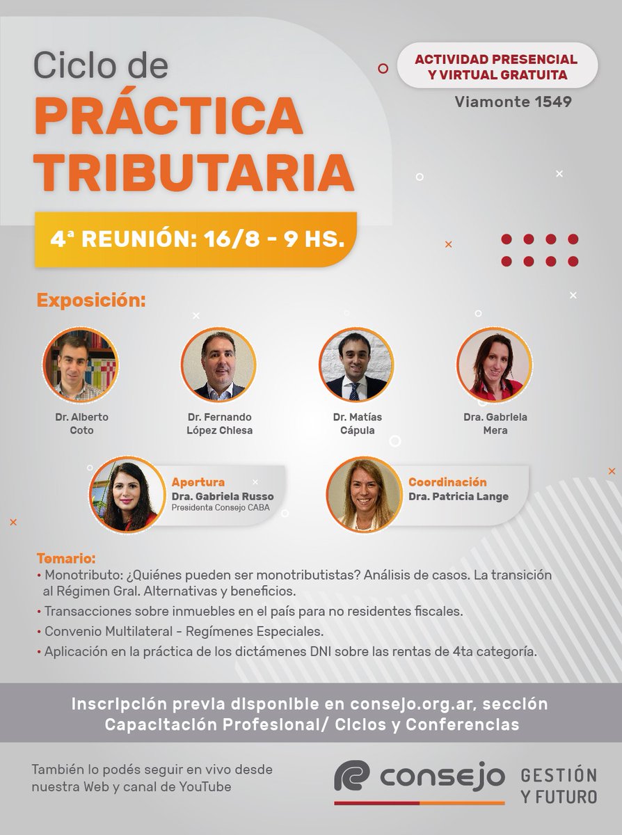 matiascapula's tweet photo. 4° Reunión del Ciclo de Práctica Tributaria en el @ConsejoCABA 

📅 Miércoles 16/8 - 9hs

¡Los esperamos!

#impuestos #Ganancias #monotributo #iibb #conveniomultilateral https://t.co/OkuTimLxWJ