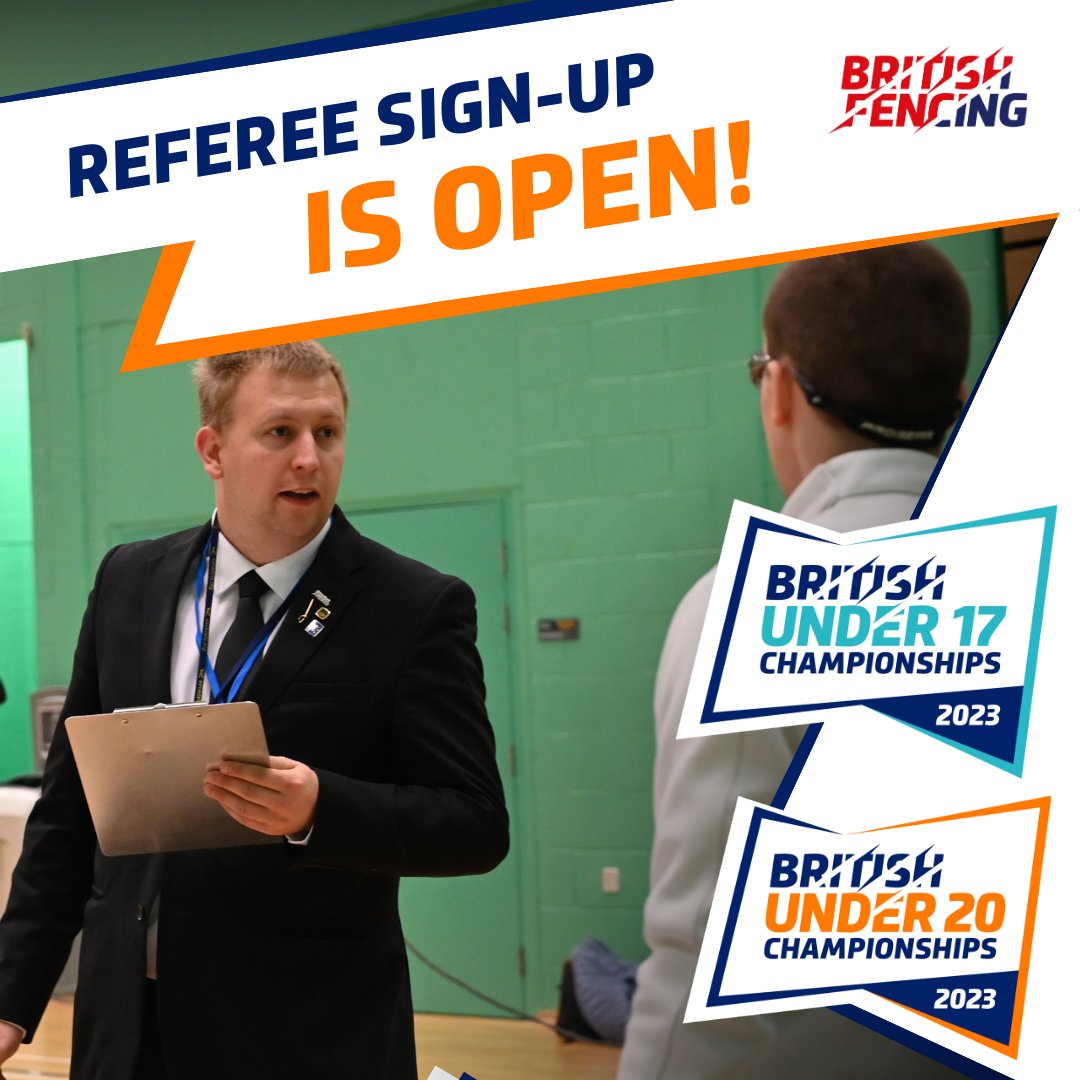 britishfencing's tweet photo. New refereeing opportunity for Level 2+ referees!

Sign-up is open to referee at the British Cadet and Junior Championships 2023, taking place in Nottingham on the 16-17th September.

For more information, check out the sign-up form: https://t.co/IkH7FLpSRR https://t.co/MzRz2Ibqgb