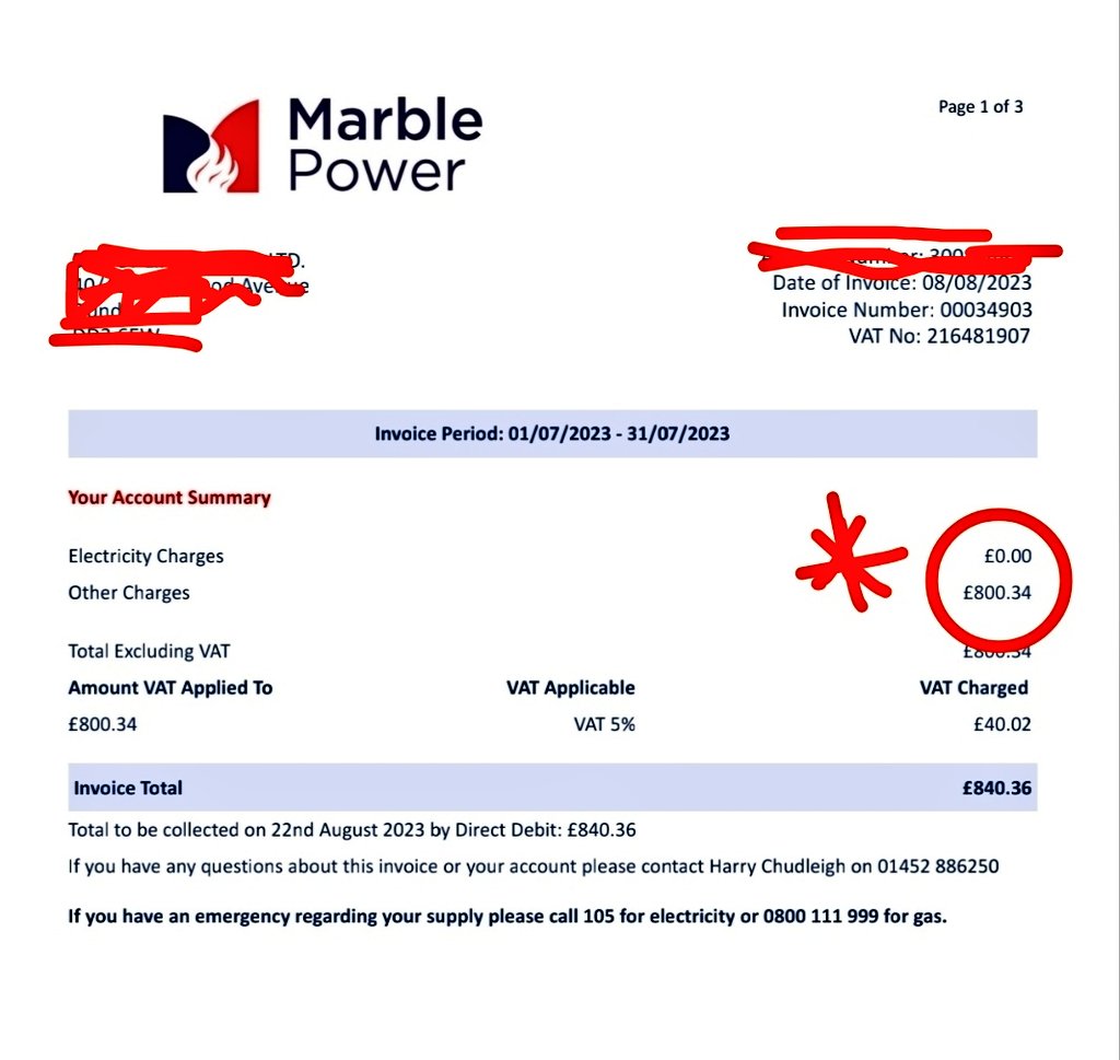 whiteside_beth's tweet photo. @ofgem What's going on here?
You're allowing energy companies to ruin small businesses.
Here's Marble Power charging a monthly standing charge of over £800 to a small business which has used NO power during the month!
#profiteering
#blankcheque https://t.co/UsciJFgCwZ
