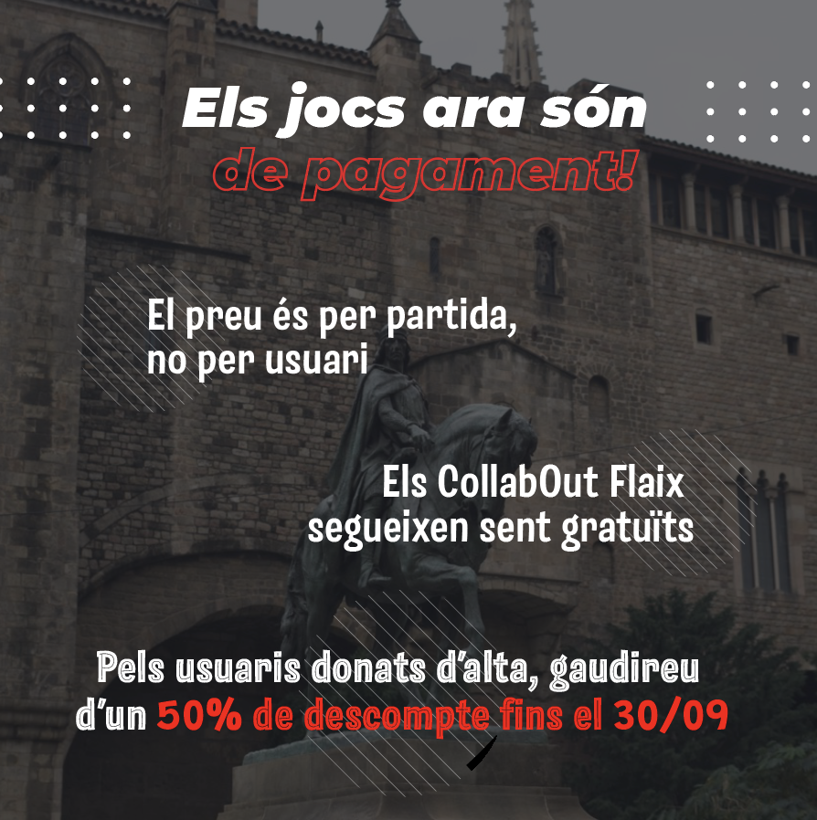 collabout_cat's tweet photo. Arriben novetats a CollabOut☀️ 

Hem aplicat una petita tarifa per la majoria de jocs💰 

Apart del 50% de descompte per usuaris existents, tots els que us doneu d'alta abans del 31 d'agost tindreu un 15% de descompte en tots els jocs que jugueu fins al 30 de setembre👾 https://t.co/YJ14STVQQg