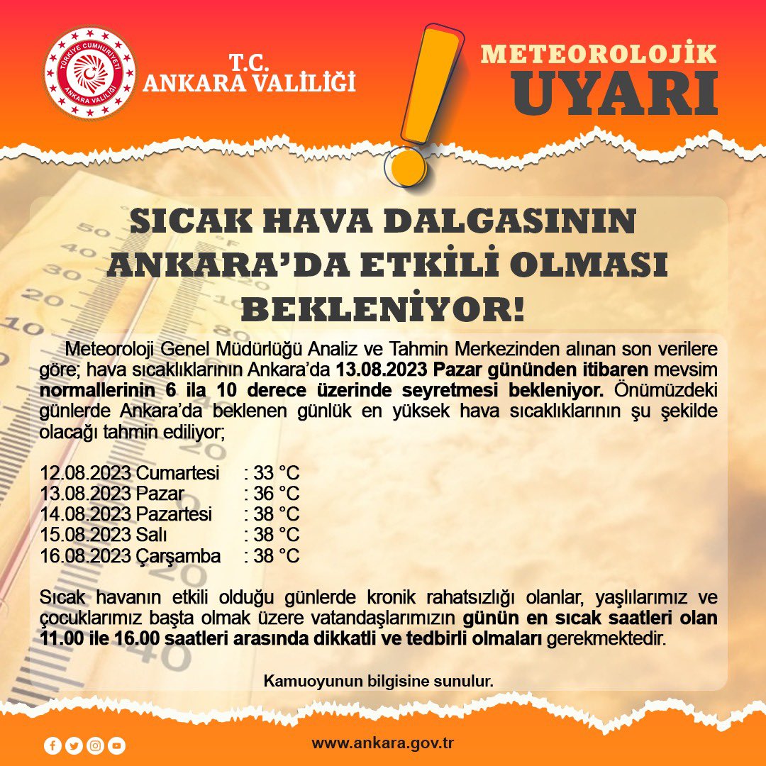 Meteoroloji Genel Müdürlüğü Ankara Bölge Tahmin ve Erken Uyarı Merkezi verilerine göre; 

Ankara’da sıcak hava dalgasının etkili olması ve 13 Ağustos Pazar gününden itibaren mevsim normallerinin 6 ila 10 derece üzerinde seyretmesi bekleniyor!