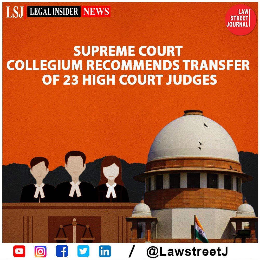 Supreme Court Collegium Recommends Transfer of 23 High Court Judges.

Read full article rb.gy/eezjv

#SupremeCourtCollegium #JudicialTransfer #HighCourtJudges #JusticeSystem #BetterAdministrationOfJustice #JudicialOverhaul #ChiefJusticeOfIndia #India #LawstreetJ