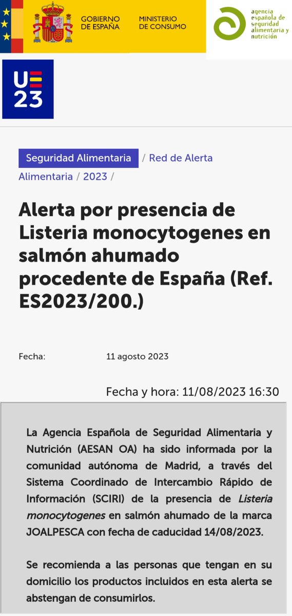 AESAN_gob_es's tweet photo. ⚠️ Alerta por presencia de Listeria monocytogenes en salmón ahumado.
🚫 No consumir 
📌 https://t.co/ysEtWp2Dbq https://t.co/817dSfJuap