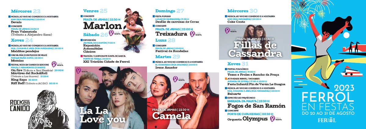 FerrolCultura's tweet photo. 🎉 PROGRAMA FERROL EN FESTAS 2023:

As Festas de Verán de #Ferrol ofrecerán diferentes actividades durante todo o mes de agosto. 

👉 Tes máis información na web do Concello: 
https://t.co/UT8RZqTKar https://t.co/TL9pcFX5yr