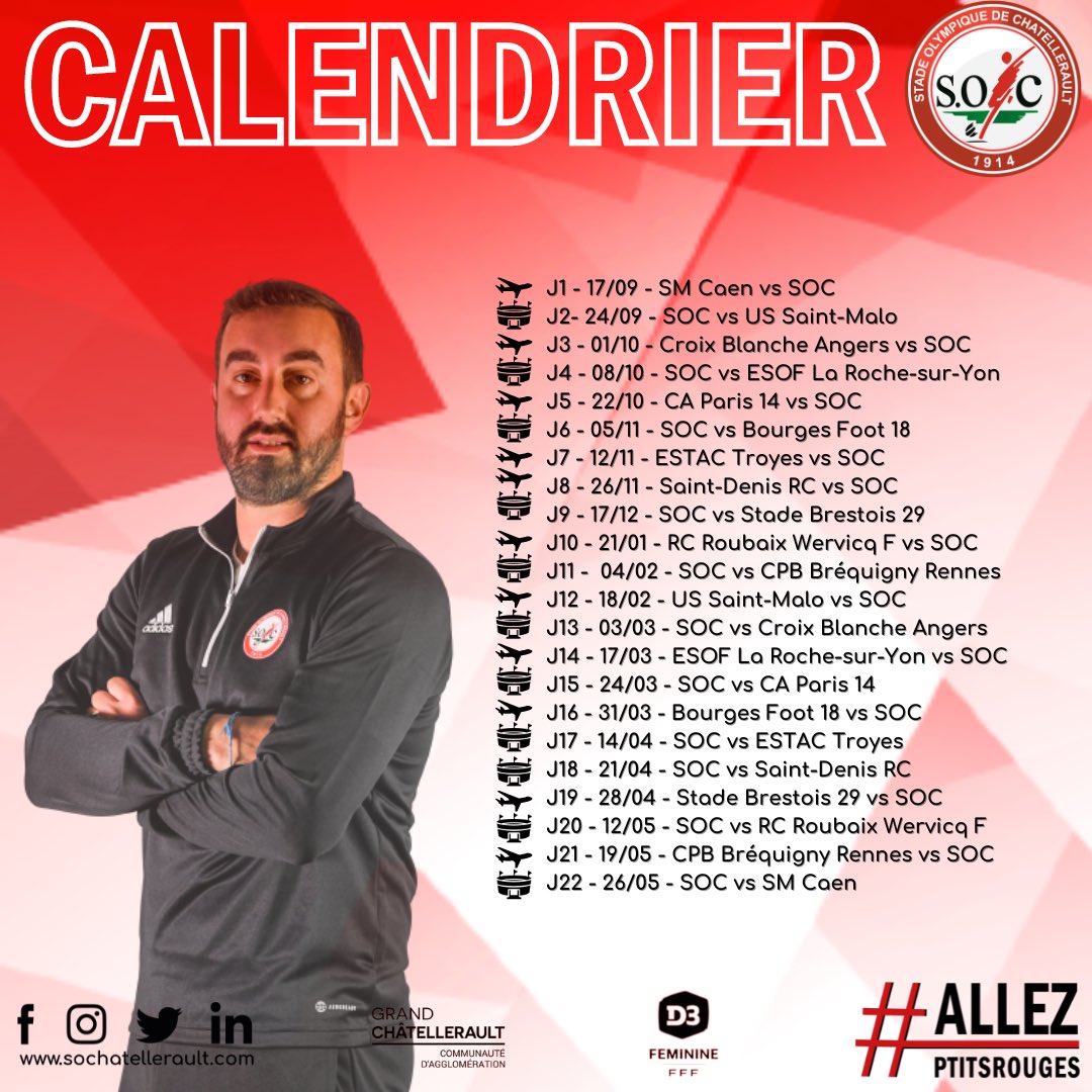 SOChatellerault's tweet photo. [ Division 3 Féminine ] CALENDRIER 🔴⚪️

Le SOC vous présente le calendrier des matchs D3F pour la saison 2023/2024 ! 
Les PtitesRouges joueront le dimanche à 15h à domicile !

🔴⚪️ #AllezPtitsRouges #SOC #D3F #Football #VilledeChâtellerault #DistrictdelaVienne #PouleA https://t.co/GbSgR9tVds