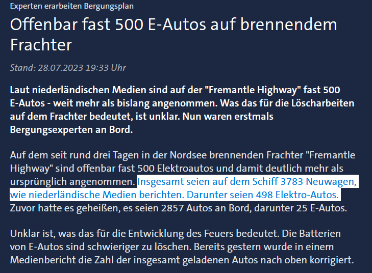 Ich fasse mal zusammen: 500 von 500 #Elektroautos sind offenbar in gutem Zustand, aber der weiter unbewiesene Verdacht, E-Auto-Akku sei die Brandursache muss weiter verbreitet werden, genau wie Äußerungen zur Gefährlichkeit der E-Autos bei der Bergung. #FremantleHighway