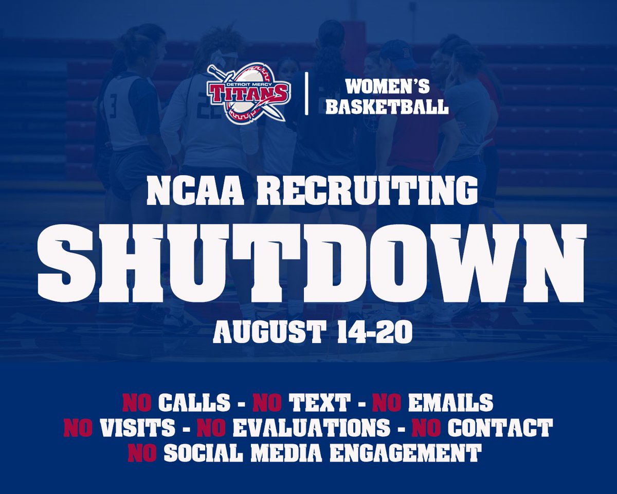 RECRUITING SHUTDOWN🚨 August 14-20 •No calls •No text •No emails •No visits •No evaluations •No contact •No social media engagement Talk to you soon 🗣️ #UDM #NCAA #basketball