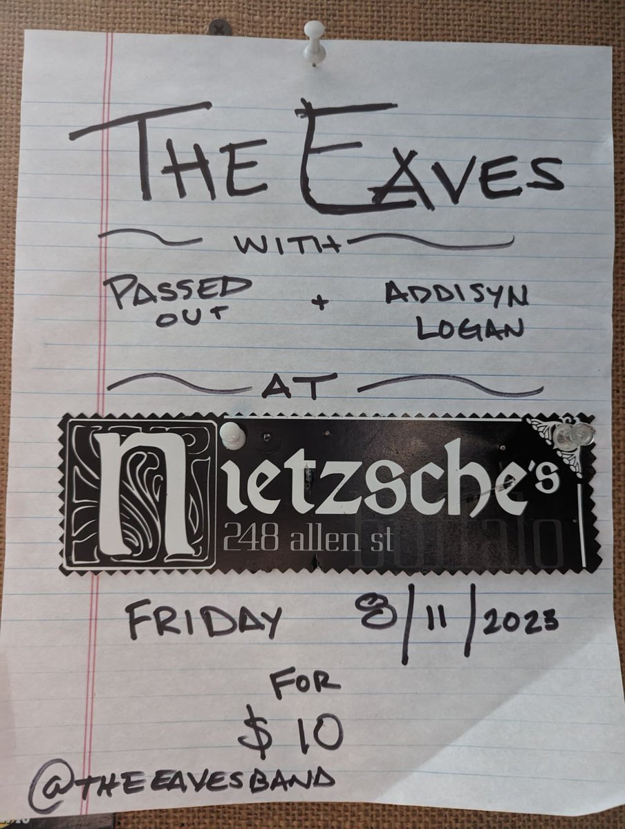 💥TONIGHT💥
<a href="/nietzschesbflo/">Nietzsche's</a>
W/<a href="/passedoutband/">Passed Out</a>
+ Addisyn Logan

Doors at 9
$10

Bring a friend
+
See you there!

💜✌️

💀⚡👁️