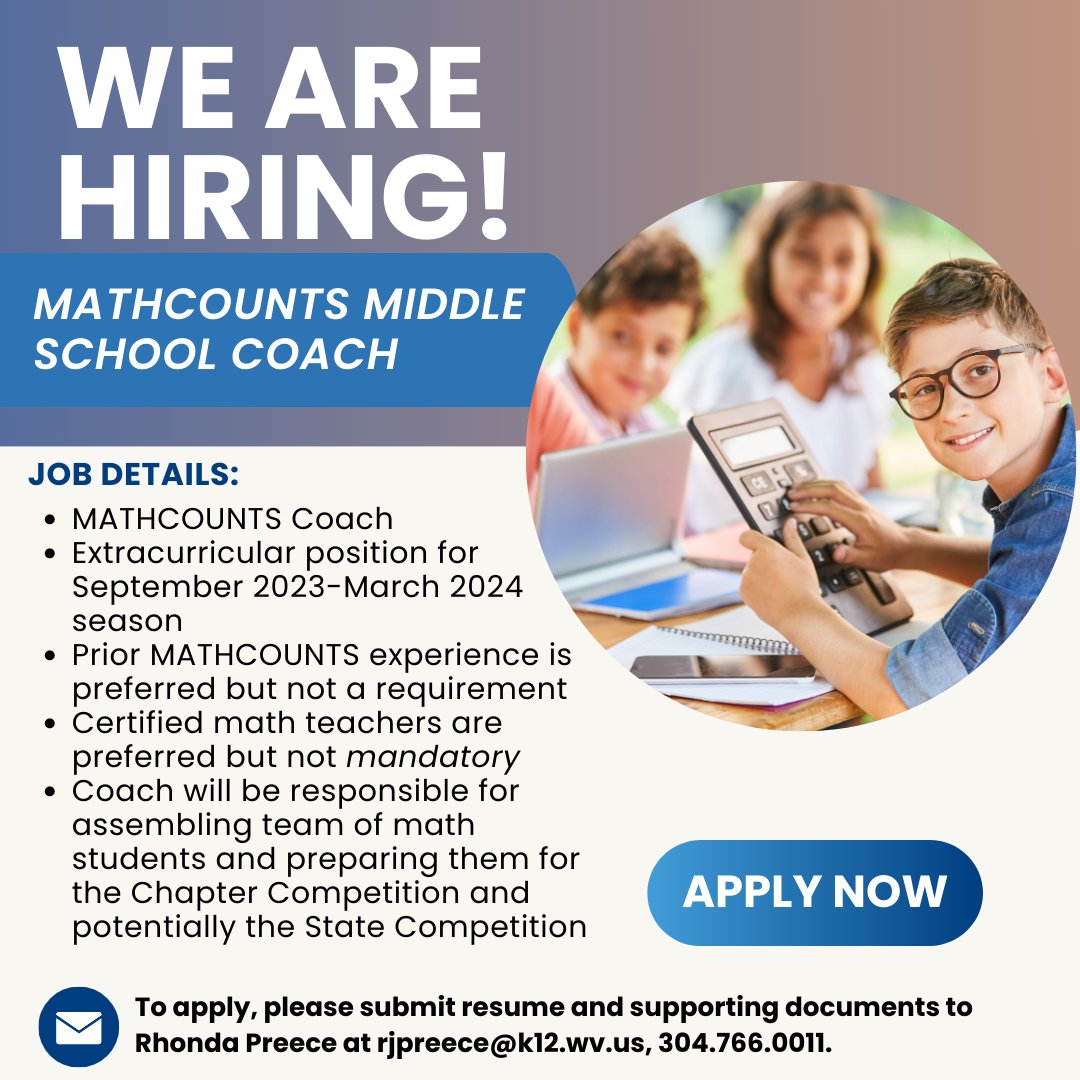 Mountain State ESC (@mtstateesc) on Twitter photo Attention math teachers! We are looking for MATHCOUNTS Middle School Coaches for the September 2023 to March 204 MATHCOUNTS Season. Please submit your resume and supporting documents to Rhonda Preece at rjpreece@k12.wv.us. mountainstateesc.com/mathcounts-mid… Attention math teachers! We are looking for MATHCOUNTS Middle School Coaches for the September 2023 to March 204 MATHCOUNTS Season. Please submit your resume and supporting documents to Rhonda Preece at rjpreece@k12.wv.us. mountainstateesc.com/mathcounts-mid…