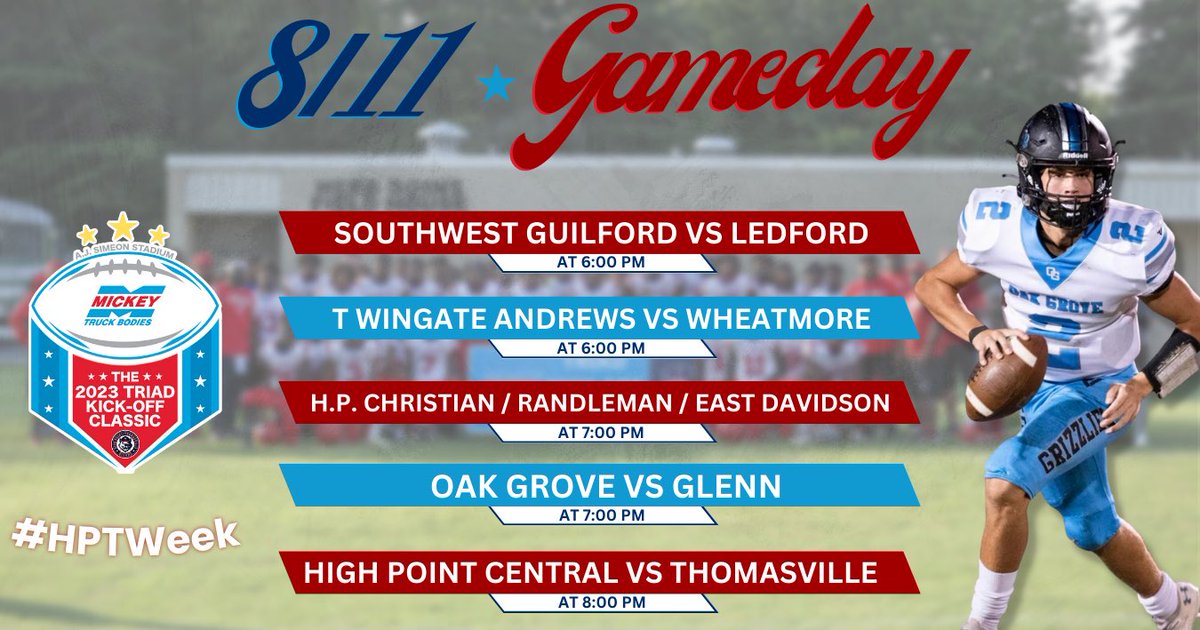 Friday Night Lights are back!

Come spend the evening with us at A.J. Simeon Stadium to watch the 2nd and final day of the Mickey Truck Bodies Triad Kickoff Classic! #HPTWeek