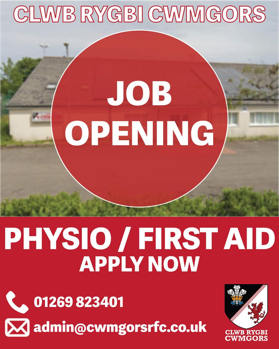 Cwmgors RFC require a first aider/ physio for the forthcoming season. 
Contact the club for further details if interested 🍒🐝🔴⚪️