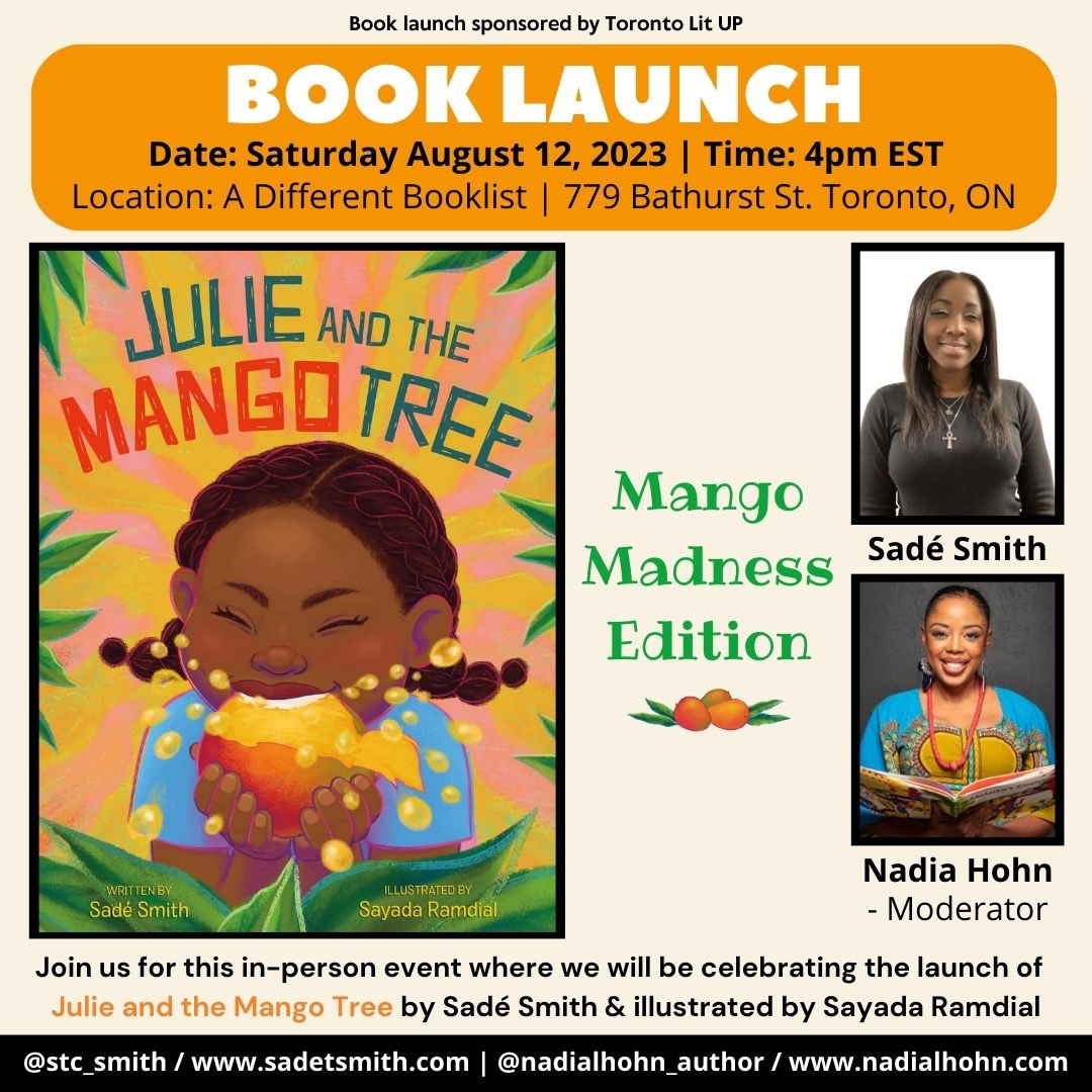 ***HAPPENING TOMORROW!!!*** Stop on by @ADFRNTBooklist on Saturday August 12 at 4pm for the book launch of JULIE AND THE MANGO TREE illustrated by @SayadaRamdial 🥭 It’s sure to be a great time filled with Mango Madness!!! Did I mention there will be food and giveaways?!🤭👀🥭