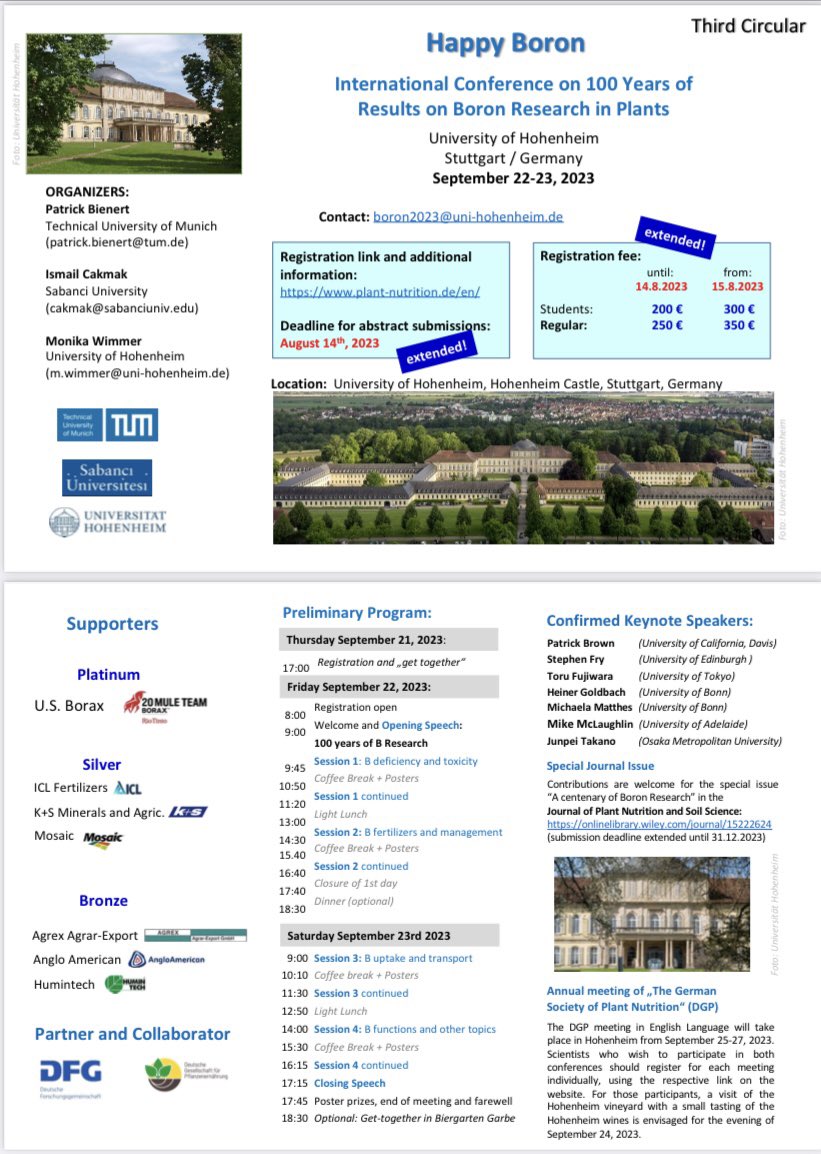#Boron celebrates its 100th birthday as an essential mineral nutrient for plants. 

The #Boron2023 conference will take place in Hohenheim (#UniversityOfHohenheim) from 22 to 23 September 2023.

plant-nutrition.de/boron2023/