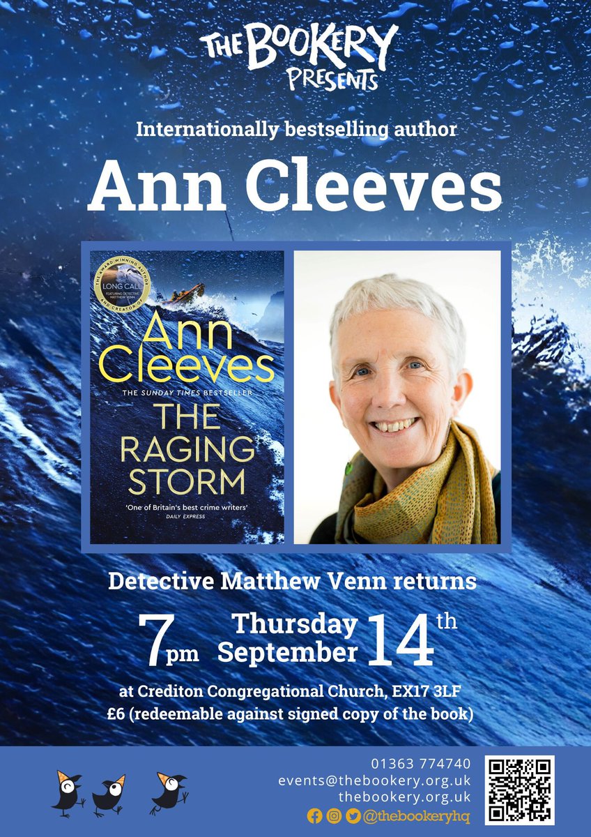 Join us with Queen of Crime, @AnnCleeves & her new Matthew Venn novel #TheRagingStorm 14/9 7pm. Tix £6 Find out more here ➡️ ticketsource.co.uk/thebookery/t-e… #CrimeFiction #CrimeFictionAddict #CrimeFictionLover #AuthorEvents #IndieBookshop #Crediton #Exeter #Devon
