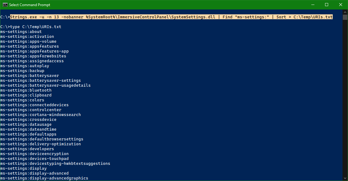 Jacques Bensimon (@jacqbens) on Twitter photo Using <a href="/Sysinternals/">Sysinternals</a>'s Strings.exe to capture a sorted list of all available Settings panel URIs in your specific #Windows version. Where each one takes you is fairly obvious from its name. Stop relying on outdated or incomplete lists found on the Internet. Using <a href="/Sysinternals/">Sysinternals</a>'s Strings.exe to capture a sorted list of all available Settings panel URIs in your specific #Windows version. Where each one takes you is fairly obvious from its name. Stop relying on outdated or incomplete lists found on the Internet.