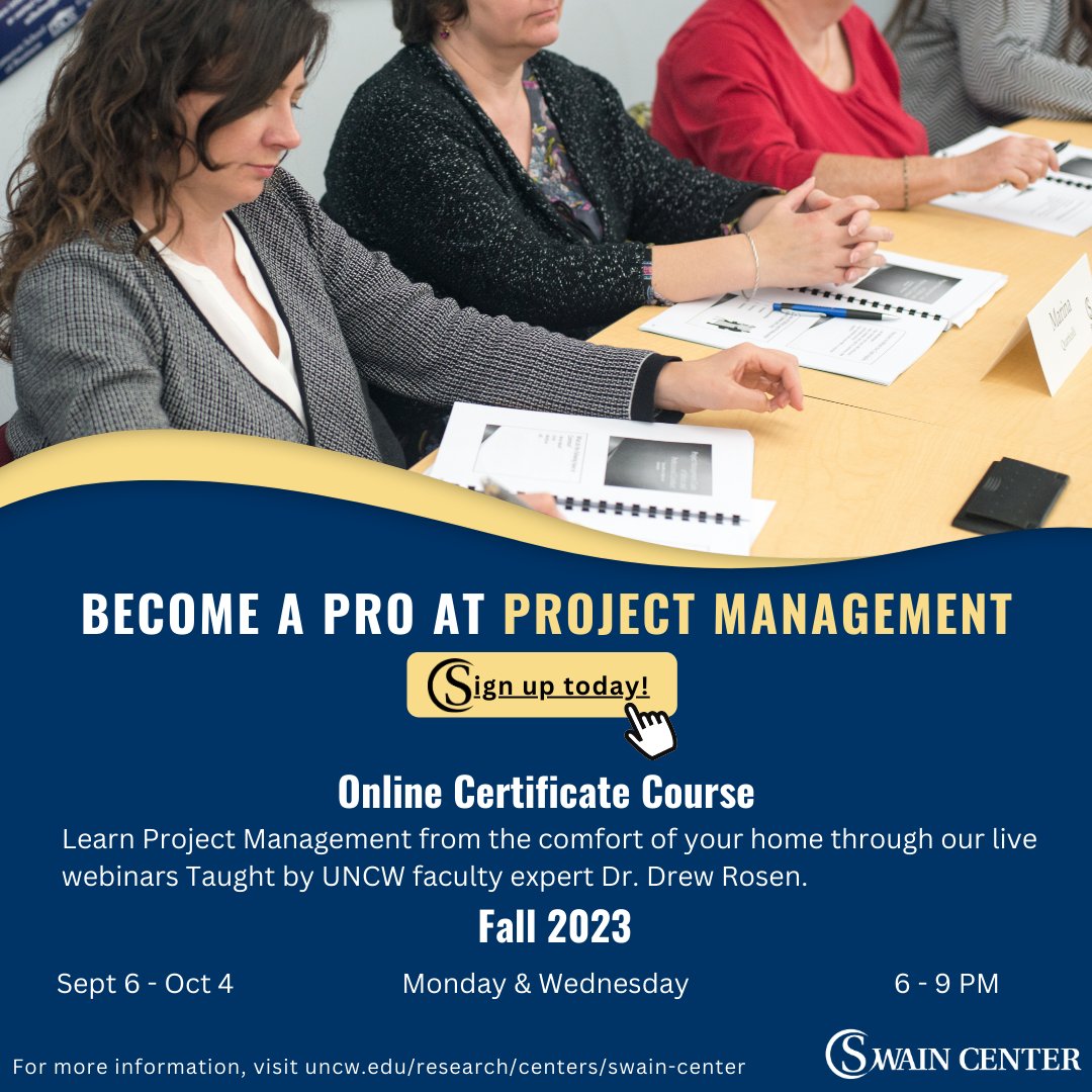Looking to lead your team to success on your next project?  Sign up for our Project Management Certificate Program. The program begins September 6th so secure your spot today!

Sign up at: uncw.edu/research/cente…

#PMP #CAPM #projectmanagement #ExecEd #elearning