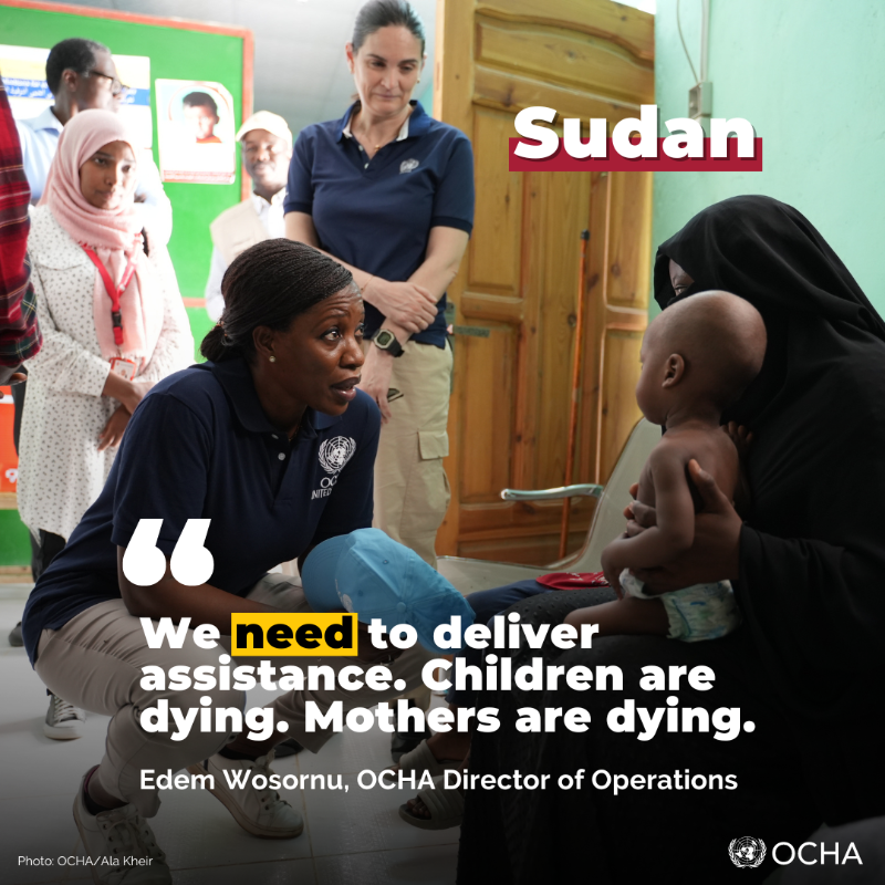 UNOCHA's tweet photo. #Sudan: Needs grow as conflict escalates.

Safe, unimpeded and uninterrupted humanitarian access is critical to expand the delivery of vital aid to vulnerable communities.

@EdemWosornu on the relief efforts underway &amp; the challenges faced in an interview with @UN_News_Centre 👇