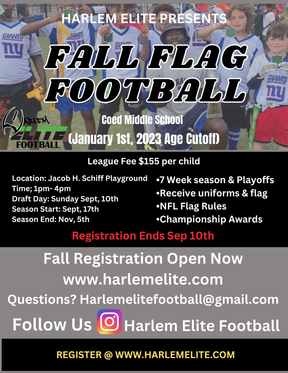 EliteHarlem's tweet photo. Are you ready for some 🏈 this Fall. Come join us at Harlem Elite for our Fall Middle School Season. 

Register your child or children today for fun and fast paced action on the field. We are calling all Parents with kids from the ages of 9-14 years old to register NOW. https://t.co/vj4dezS7jN