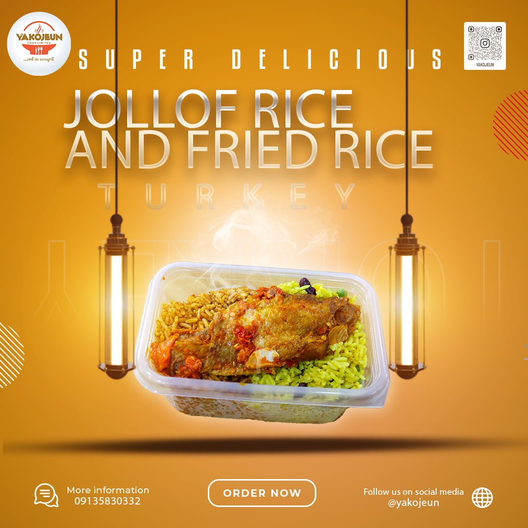 'Two rice worlds collide: Jollof vibes and Fried delights with Turkey 🍚🔥 #RiceFusion'

📍 Location: 68 TOS Benson Road, Ebute Ipakodo Rd, Ikorodu, Lagos.
📞 Order: 09135830332
⏰ Opening Hours: Everyday: 9am till 10pm

...eat in comfort

#yakojeun