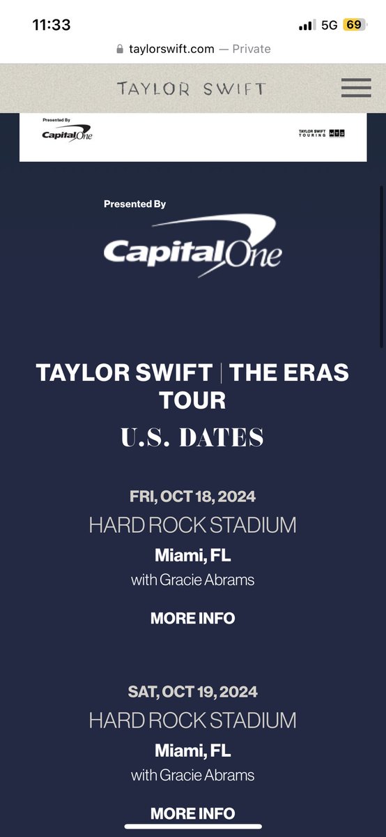 they changed the US dates tab with the second leg dates and now Miami is first 🥹 #MiamiTSTheErasTour wonder why it still says presented by Capital One tho