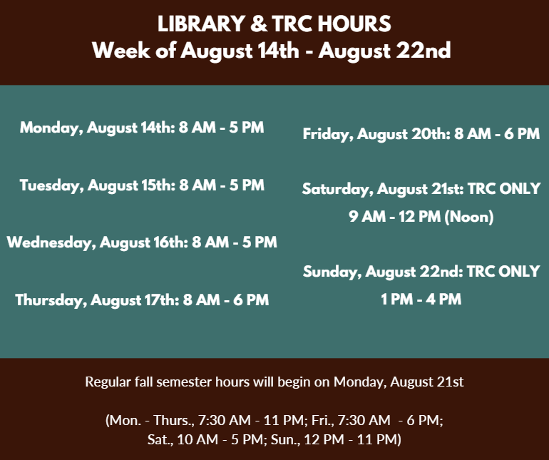 FYI re: Library/TRC hours!