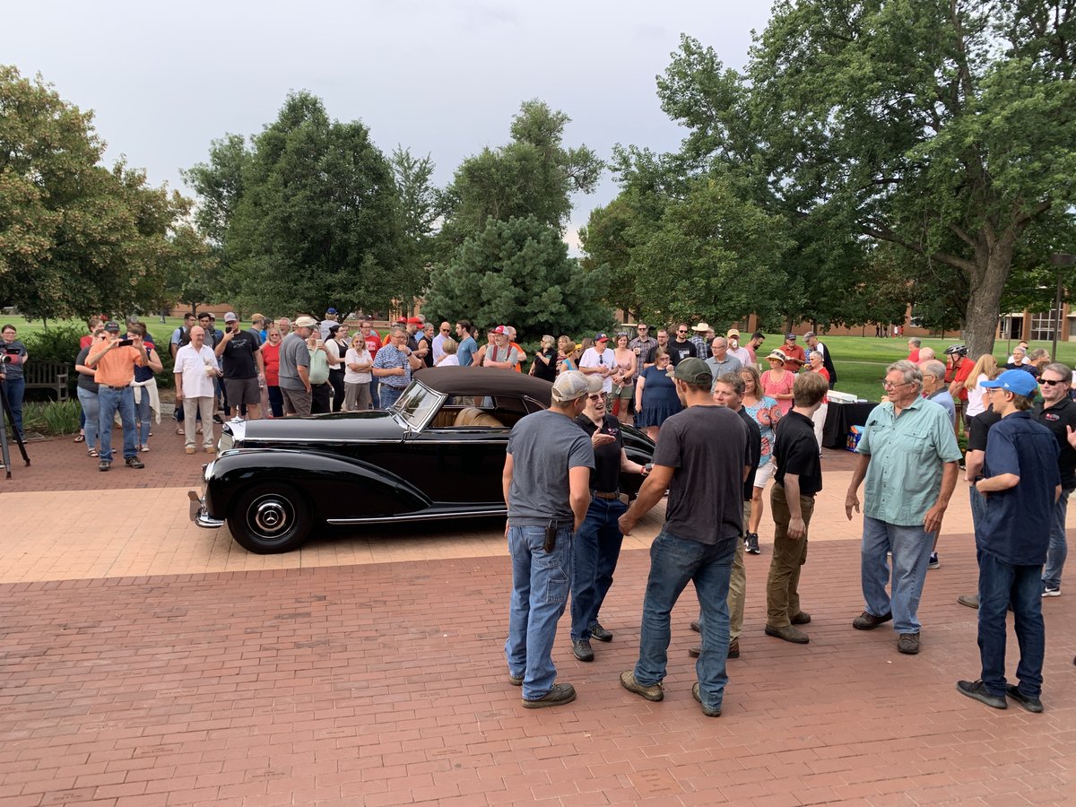 Mac_College's tweet photo. Students, alumni, faculty, staff, and friends gathered to see the completed 1953 Mercedes-Benz 300 S that is headed to @PebbleConcours. The vehicle, restored by MC students, will compete there on Aug. 20. #PathtoPebble https://t.co/VTaB5pCK6B