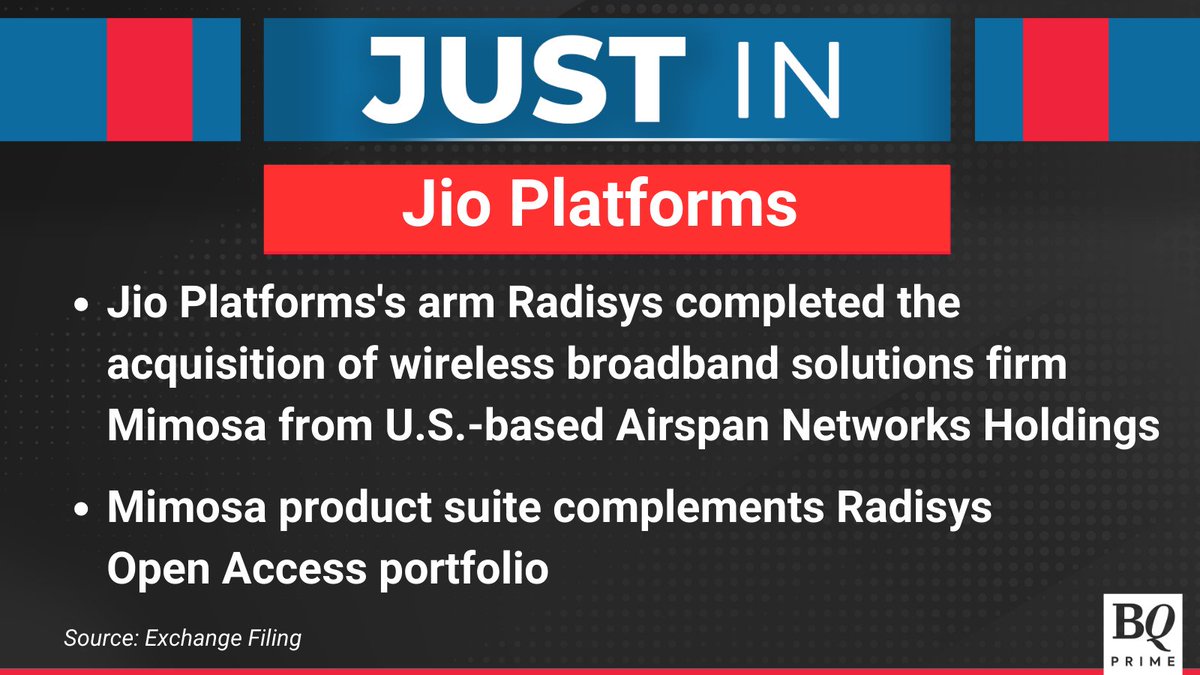 NDTVProfitIndia's tweet image. #JioPlatforms' arm Radisys completes acquisition of #Mimosa from #Airspan Networks Holdings.

For the latest news and updates, visit: bqprime.com