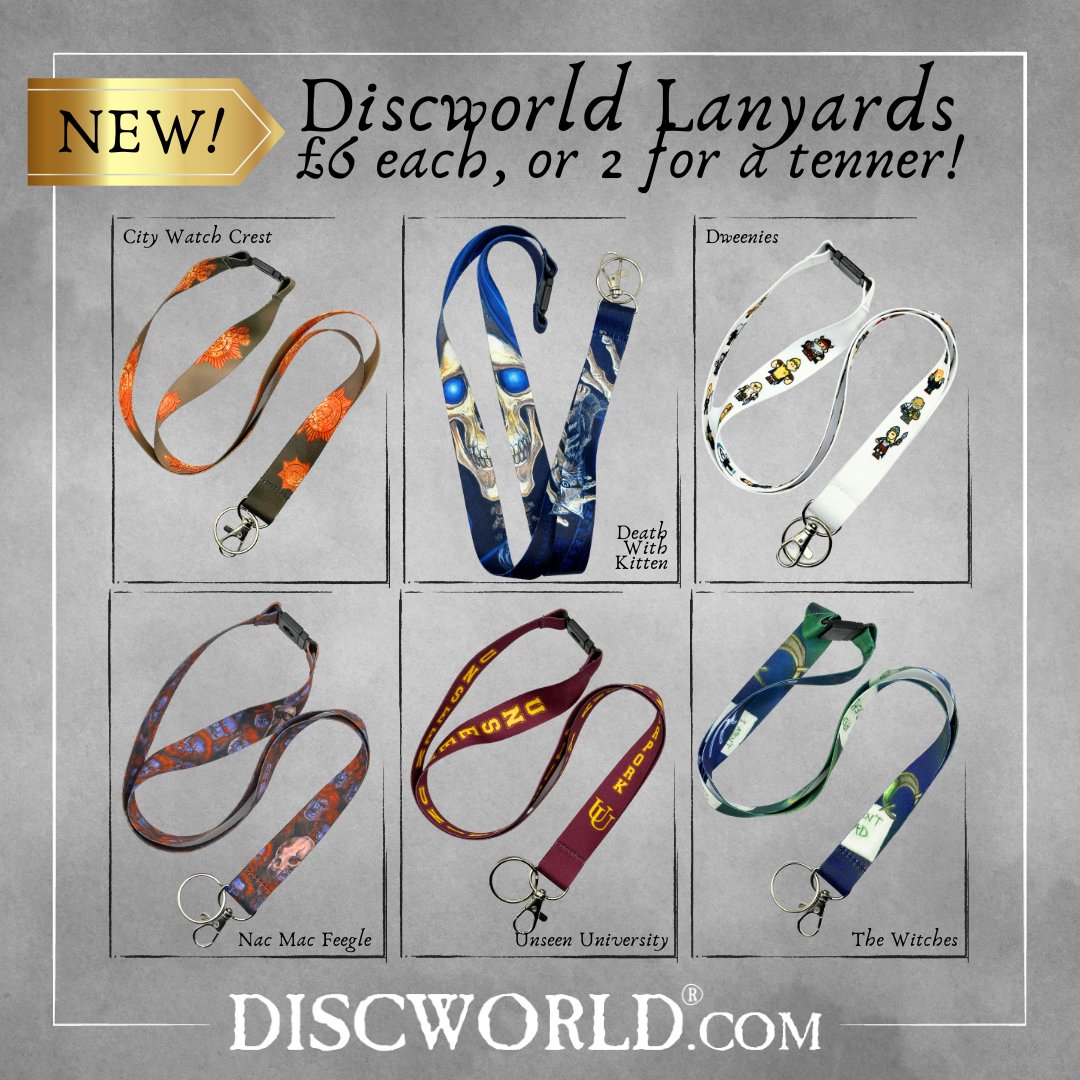 We have 6 new lanyards featuring some of our favourite characters and designs; City Watch crest, Death with Kitten, the Dweenies, Mac Mac Feegles, Unseen University and the Witches. Also new... discworld.com/products/new-a… Normally £6 or 2 for a £10. #TerryPratchett #Discworld