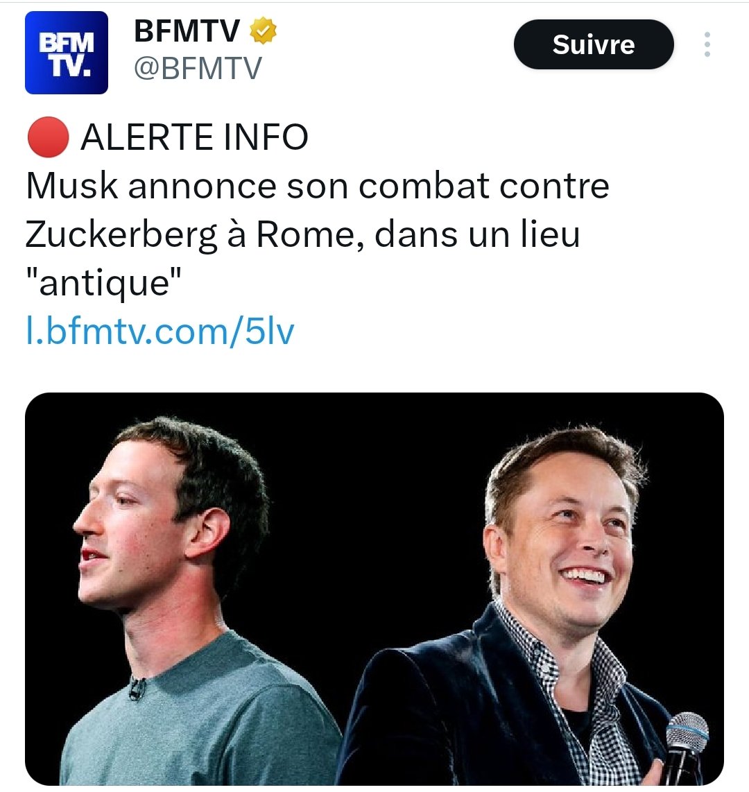 Dans un bouquin de science-fiction on aurait imaginé que les milliardaires de la tech super intelligents feraient un combat d'échecs ou d'algorithmes ou de robots, que sais-je

Mais non ils vont juste faire un combat de grosses bites devant le monde entier pour leur publicité