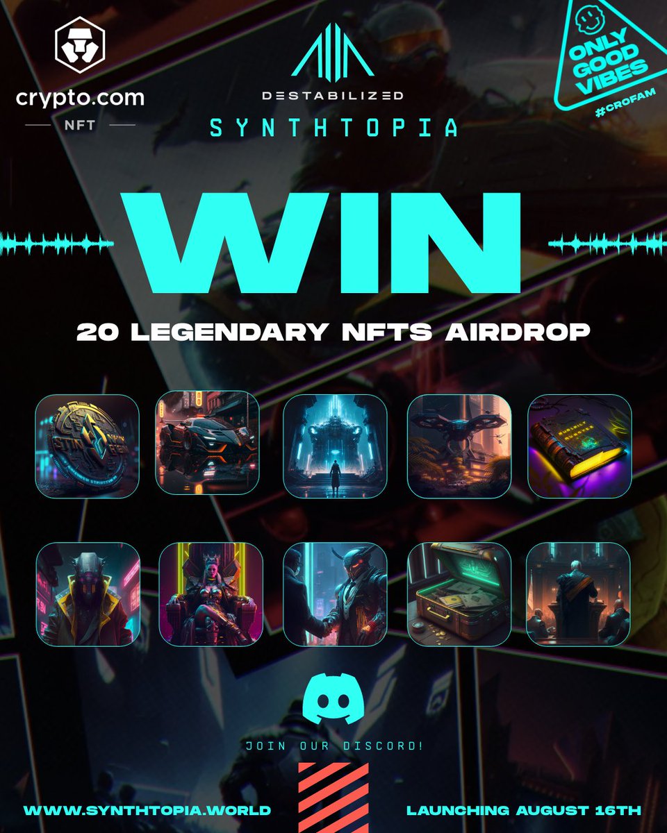 Attention, Trailblazers ⚡ Are you ready for the Drop?

🎁 Our Biggest Giveaway is LIVE 🚀

Prizes: 
🏆 20 Legendary Synthtopia NFTs
🏆 2000 $CRO

To Enter:
1️⃣  Follow @d3stab1lized
2️⃣ RT🔄| Like❤️| Tag 5 Trailblazers ✅
3️⃣ Join our Discord {Link in Bio}

#Synthtopia Drops 16.08
