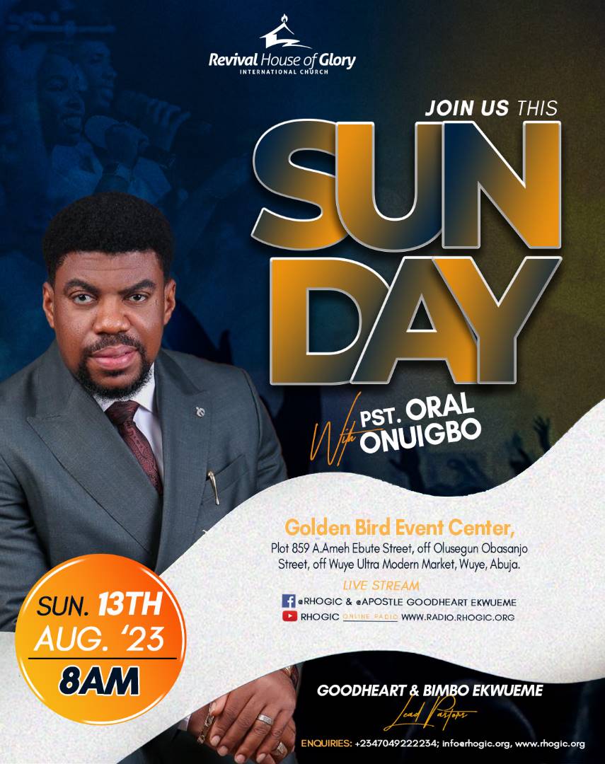 RHOGIC's tweet photo. Worship with us this Sunday 13th of August 2023 at Revival House of Glory International Church Abuja.
Let's come together to be touched by His Spirit and be uplifted in spirit!!! 🙌
Time: 8am (WAT)
Venue: Golden Bird Event Center, Wuye, Abuja.
Invite a friend!!!
#RHOGIC
#HORM https://t.co/e1MX1YMhKG