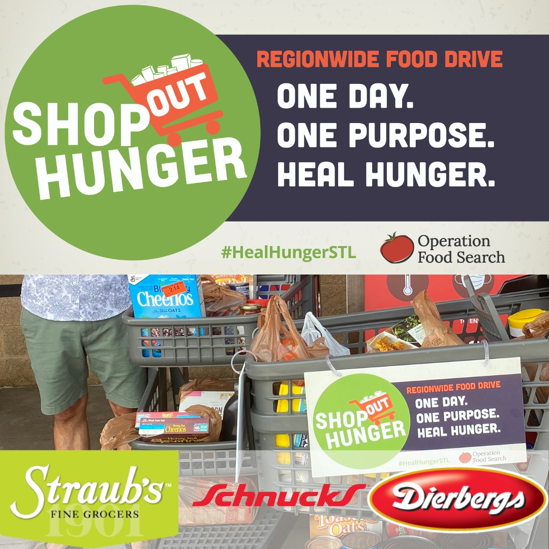 OPFoodSearch's tweet photo. Tomorrow is Shop Out Hunger - a region-wide food drive between OFS and participating @ShopStraubs, @SchnuckMarkets, and @Dierbergs! All you have to do is shop at a participating store and donate some goods to one of the volunteers out front - it's that easy! #HealHungerSTL https://t.co/pR7BsWdvgO