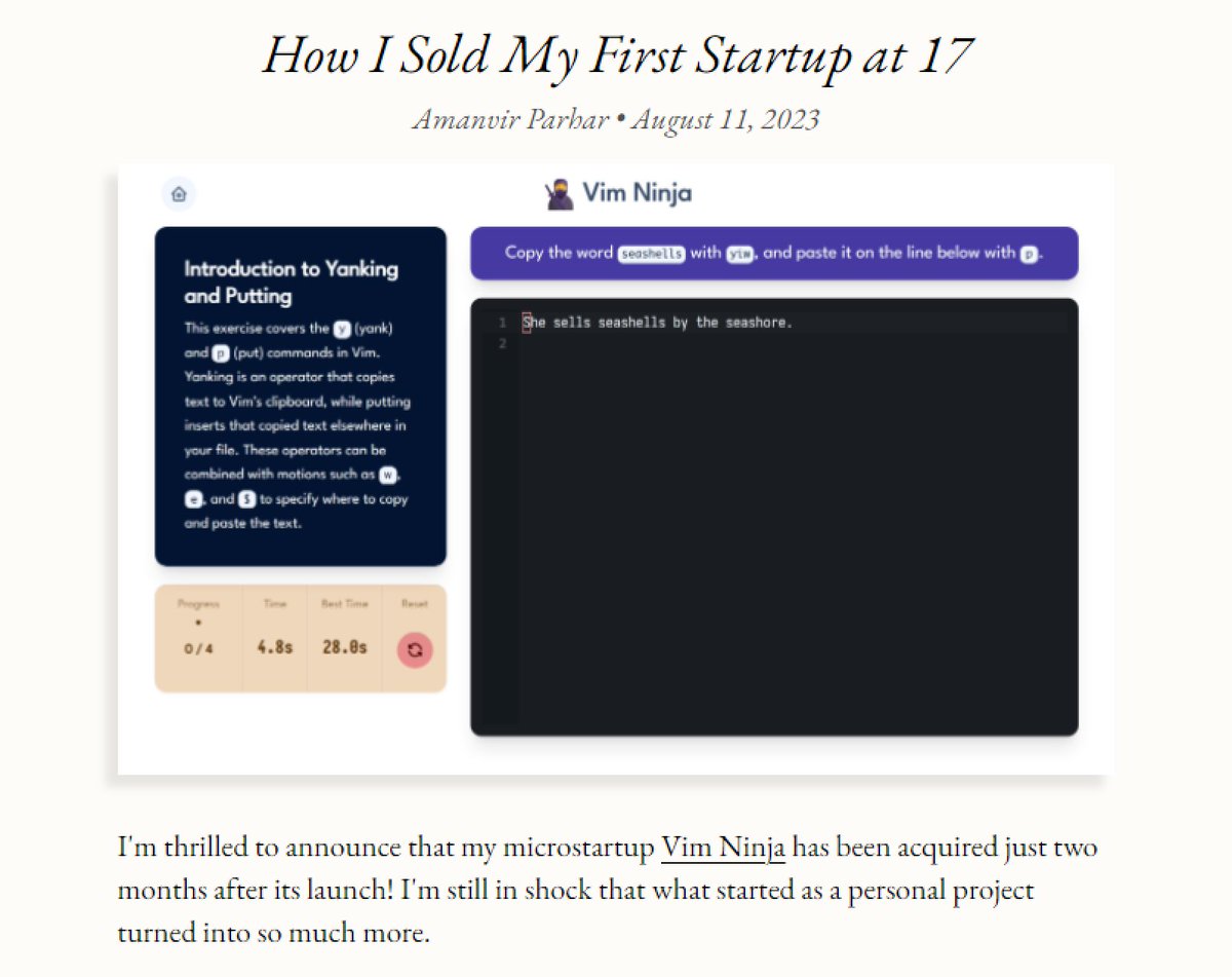 🎉 Exciting news! 🎉

I'm thrilled to share that my microstartup, Vim Ninja 🥷, has been acquired just two months after its launch!

Read the full story of Vim Ninja's journey and acquisition in my latest article: amanvir.com/blog/vim-ninja….
