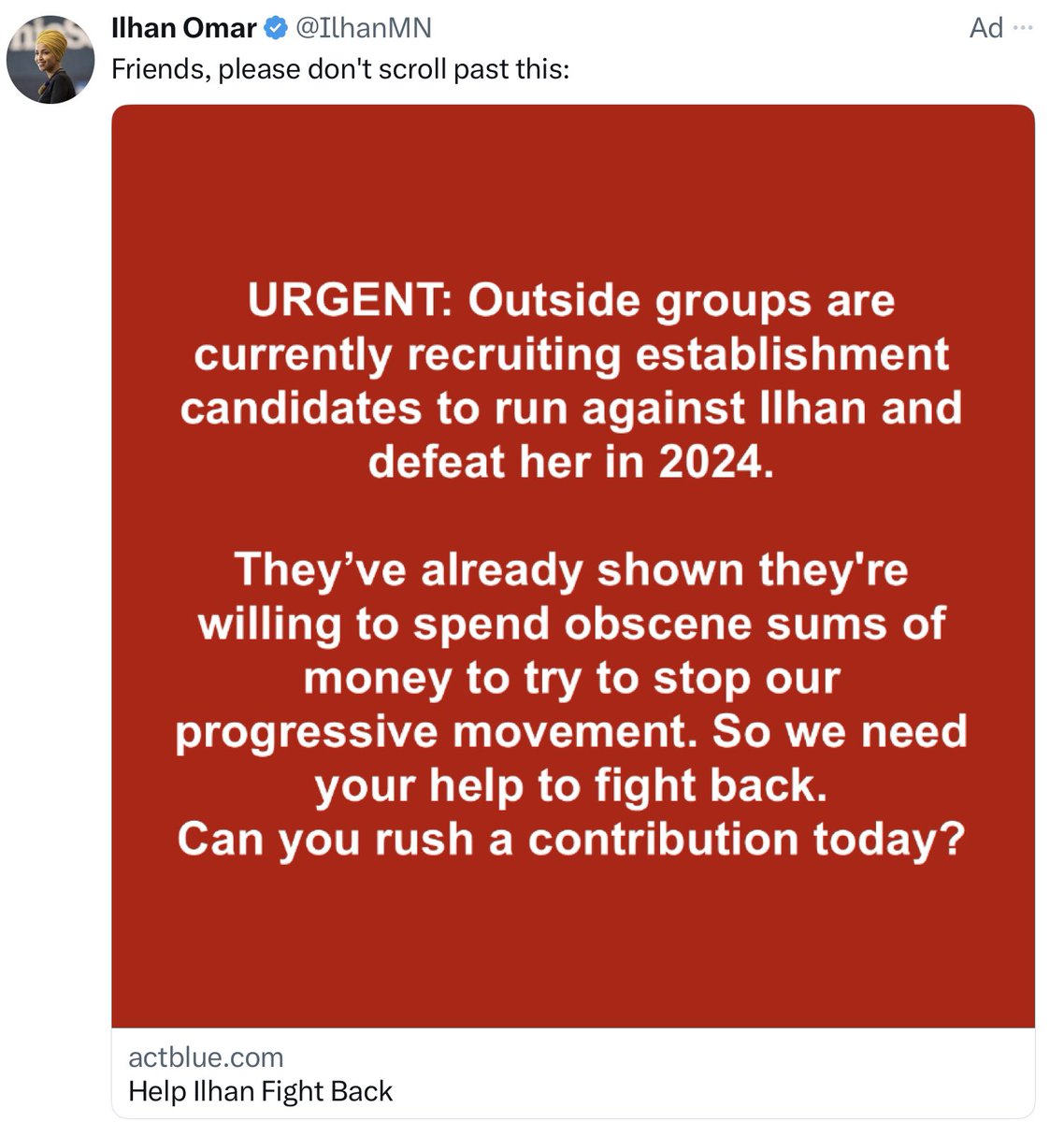 Red Alert from Ilhan who is worried after democrats and conservatives including our friends at AIPAC say enough is enough and are going at the Squad in 2024 🤩