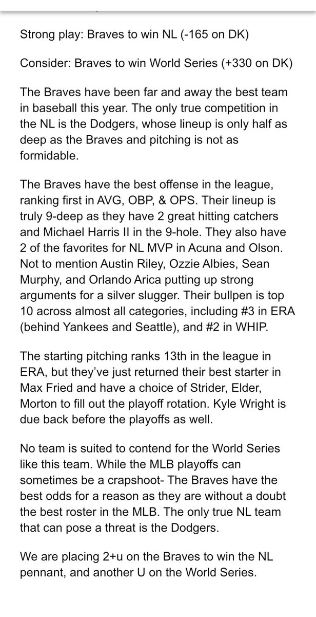 LivingRoomLocks's tweet photo. Baseball future ⚾️ 

Braves to win the NL Pennant (-165 DK) 

Summary: 
Braves have the best offense in the MLB by a large margin, the best relieving core in the NL, and a starting pitching core that is getting healthy with w strong 1-2 punch in Fried &amp; Strider

Write-up below: https://t.co/LkzJZn2KtZ
