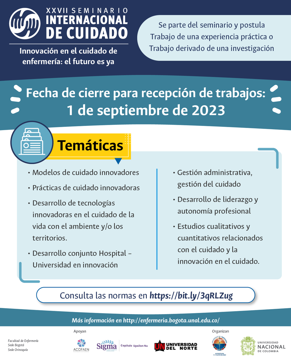 EnfermeriaUNAL1's tweet photo. Se parte del XXVII Seminario Internacional de Cuidado y postula Trabajo de una experiencia práctica o Trabajo derivado de una investigación
Fecha de cierre para recepción de trabajos: 1 de septiembre de 2023
Consulta las normas en https://t.co/Q14CB1Tiqy https://t.co/eEC2tGOyvA