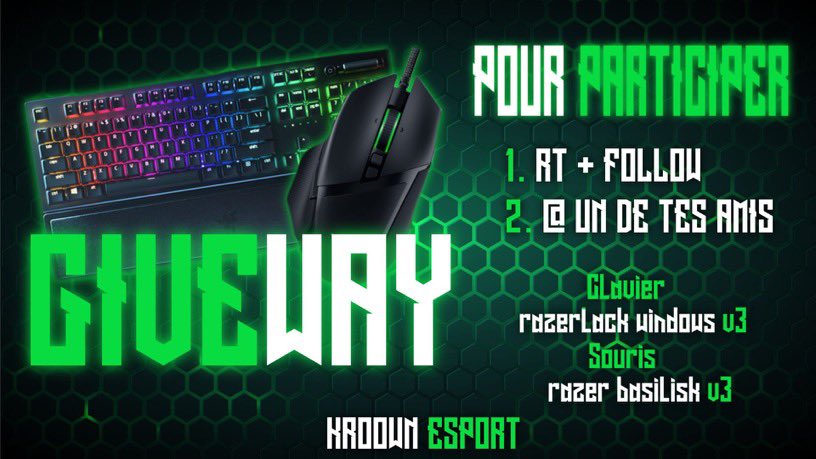 KROOWN_ESPORT's tweet photo. GIVEWAY 🚨 

🎁 Pour fêter le top 3 de l’équipe nous vous offrons un lot clavier + souris pour cela il suffit juste de :

- #RT 🔁 
- Follow le compte 🦁
- Identifier un ami 👬

Good luck 🍀

#NeverGiveUp 
#Giveaway https://t.co/BTpeniDiQk