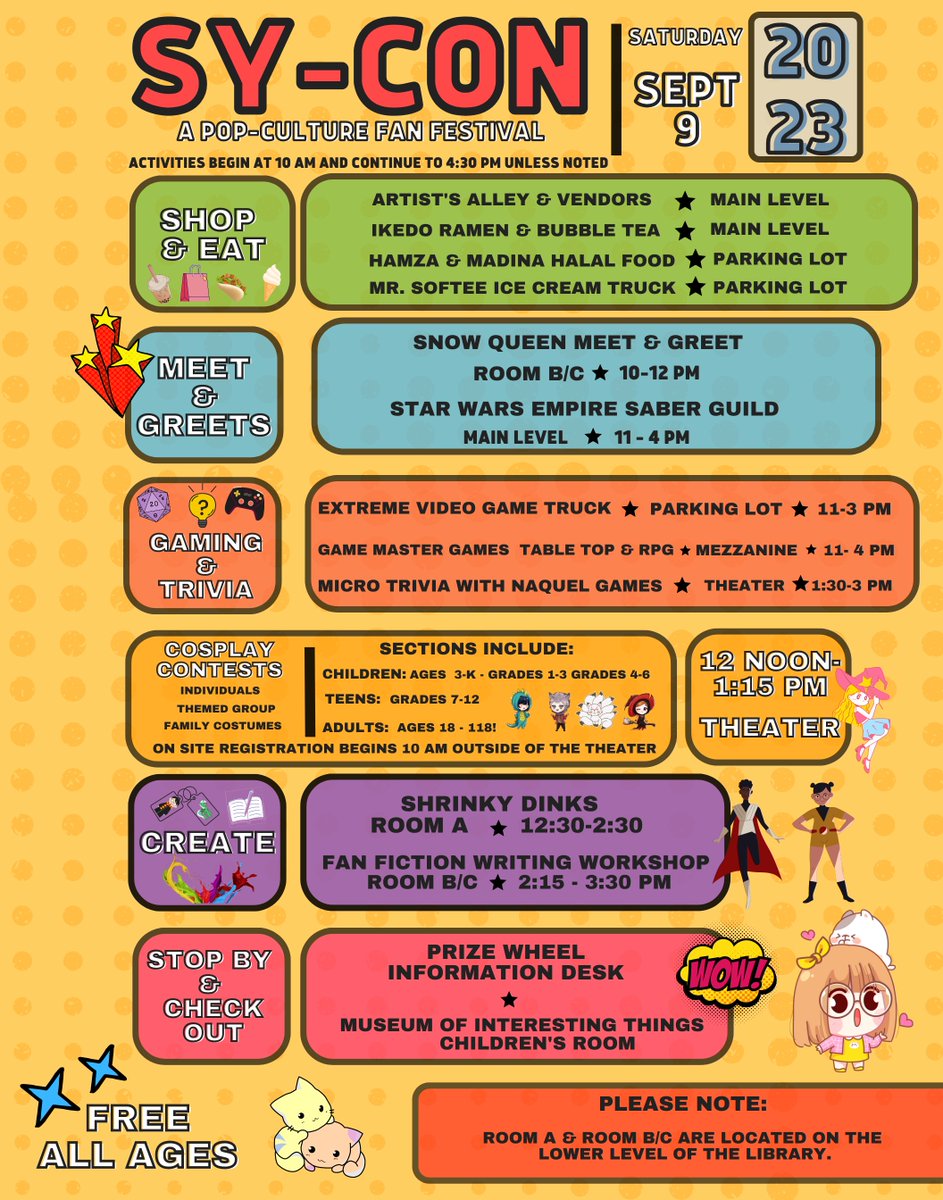SPLTurnThePage's tweet image. Sy-Con is less than one month away! Check out the schedule of events below and mark your calendars!

Events for all ages.

#SyCon2023 #WrathofSyCon #SyossetLibrary #WeAreSyosset #SyCon #Cons #Cosplay #prizes #anime #fandom