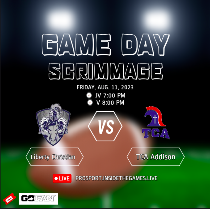 It’s Game Day! 
🏈 Liberty Christian vs TCA Addison
📅 Friday, Aug 11, 2023
⌚️ jv 7:00 pm
⌚️ v 8:00 pm
🎥 Live Streaming prosport.insidethegames.live/hsf.php
<a href="/BradyJanusek/">Brady Janusek</a> <a href="/HNelson2025/">Hogan Nelson</a>