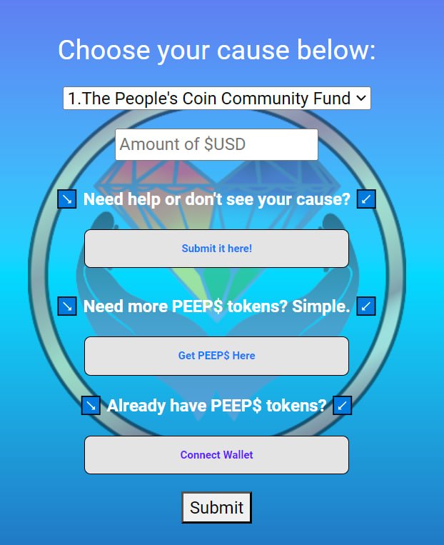Our donation dApp is close to being complete, now you can type in the USD equivalent of PEEP$ to be donated to your charity or cause of choice!

You can also submit a cause to be listed within the dApp!

Stay tuned for the upcoming release!

#thepeoplescoin #peepscoin #donations