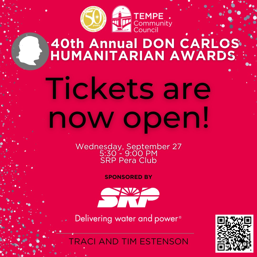 Tickets are now open! Join us and be a part of #celebrating and #supporting the best of #Tempe. Our 40th Annual Don Carlos #Humanitarian Awards will be held on September 27 at the #SRP Pera Club. To purchase tickets, program ads, and sponsorships, visit: tempecommunitycouncil.org/don-carlos/