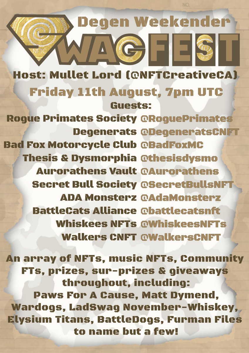 Jimmy Bones 420 (@nftjimmybones) on Twitter photo Don’t miss out on this!!! Day one of #Swagfest starts today!!! Three days of degen fun thrown by <a href="/LadSwag1/">LadSwag - cNFT 🪖🎖🇬🇧</a> !!! Today’s events are hosted by the one and only <a href="/mullet_lord/">Mullet Lord</a> of <a href="/NFTCreativeCA/">NFT Creative</a> !!! Join the fun with the link below
Space link:
x.com/i/spaces/1rmxP… Don’t miss out on this!!! Day one of #Swagfest starts today!!! Three days of degen fun thrown by <a href="/LadSwag1/">LadSwag - cNFT 🪖🎖🇬🇧</a> !!! Today’s events are hosted by the one and only <a href="/mullet_lord/">Mullet Lord</a> of <a href="/NFTCreativeCA/">NFT Creative</a> !!! Join the fun with the link below
Space link:
x.com/i/spaces/1rmxP…