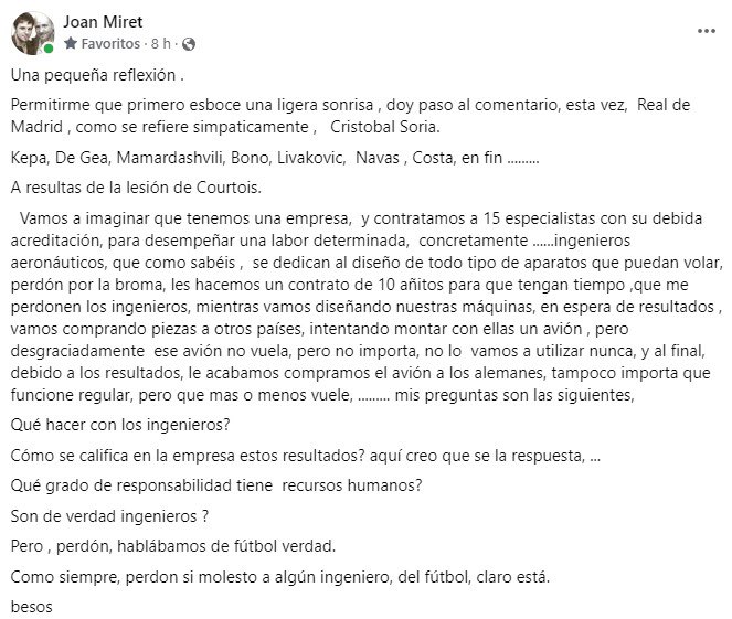 Aquí dejo esta reflexión de Joan bajo mi humilde punto de vista como siempre sus palabras dan q pensar… 💪🏽😃⚽️🧤🇪🇸🇯🇵