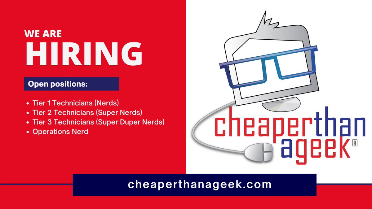 CheaperTAG's tweet photo. Looking for a job in IT? Check out our website to learn about the positions available at Cheaper Than A Geek! https://t.co/DeBeca5SVO