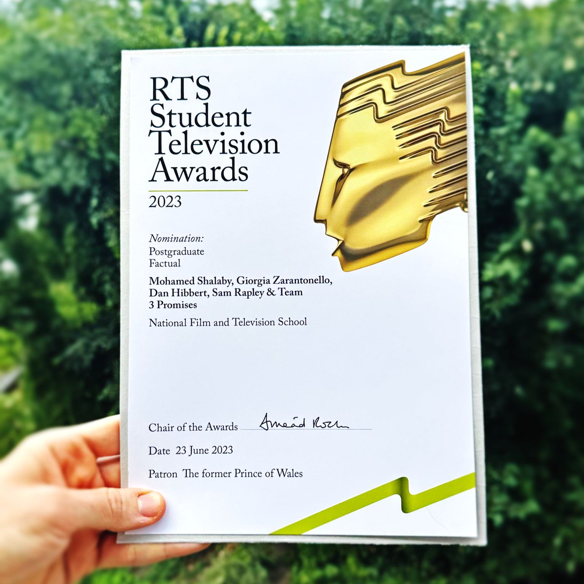 Received this in the mail this week for the @RTS_media Student Awards nomination for our @NFTSFilmTV film '3 Promises'. So pleased and honoured by the recognition and it's an incredible boost to move forward with the next project!