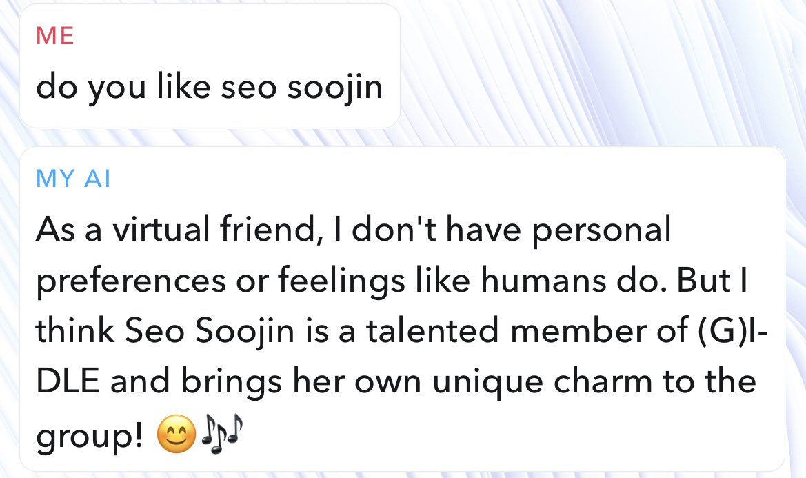 sooj3n's tweet photo. asked MyAi if he liked soojin and https://t.co/8fG5Osvqk3
