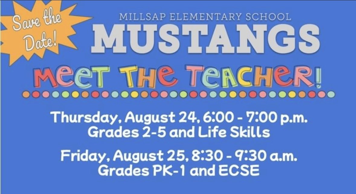 cyfairMillsap's tweet photo. 📣Hey Mustangs… Who’s ready to come back to school? 📌Mark your calendars for Meet the Teacher 💙 #mustangsLEAD https://t.co/hcke9cAxU9