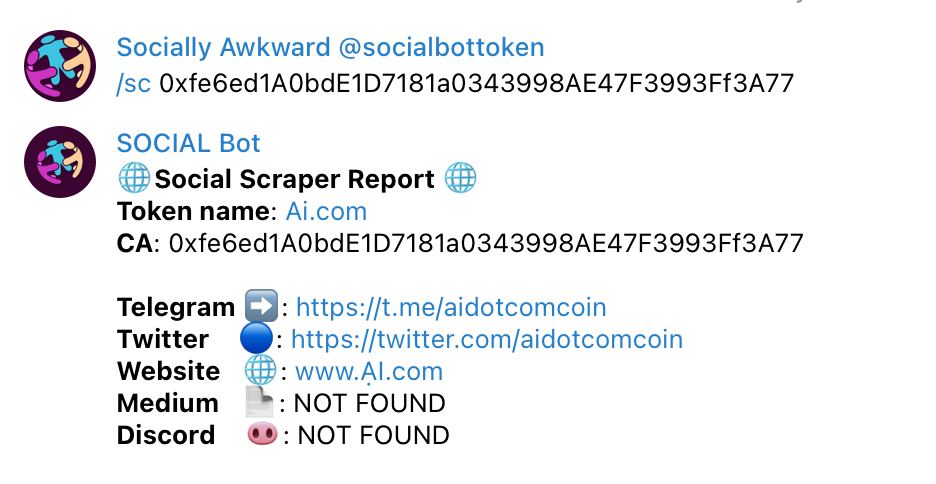 SocialBotERC's tweet photo. How to use the @SocialercBot

- Simply DM @SocialercBot on Telegram
- Use the command /sc *ca*
- Wait for your socials! https://t.co/smCYtgiZ15