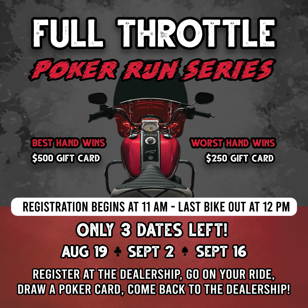 WRHD's tweet image. Only 3 dates left for the #WRHD Full Throttle #PokerRun! You do not need to have attended any of the past poker runs to participate. Please let us know if you have any questions!

Saturdays 11AM - 2PM: Aug 19, Sept 2, &amp;amp; Sept 16

#FullThrottle