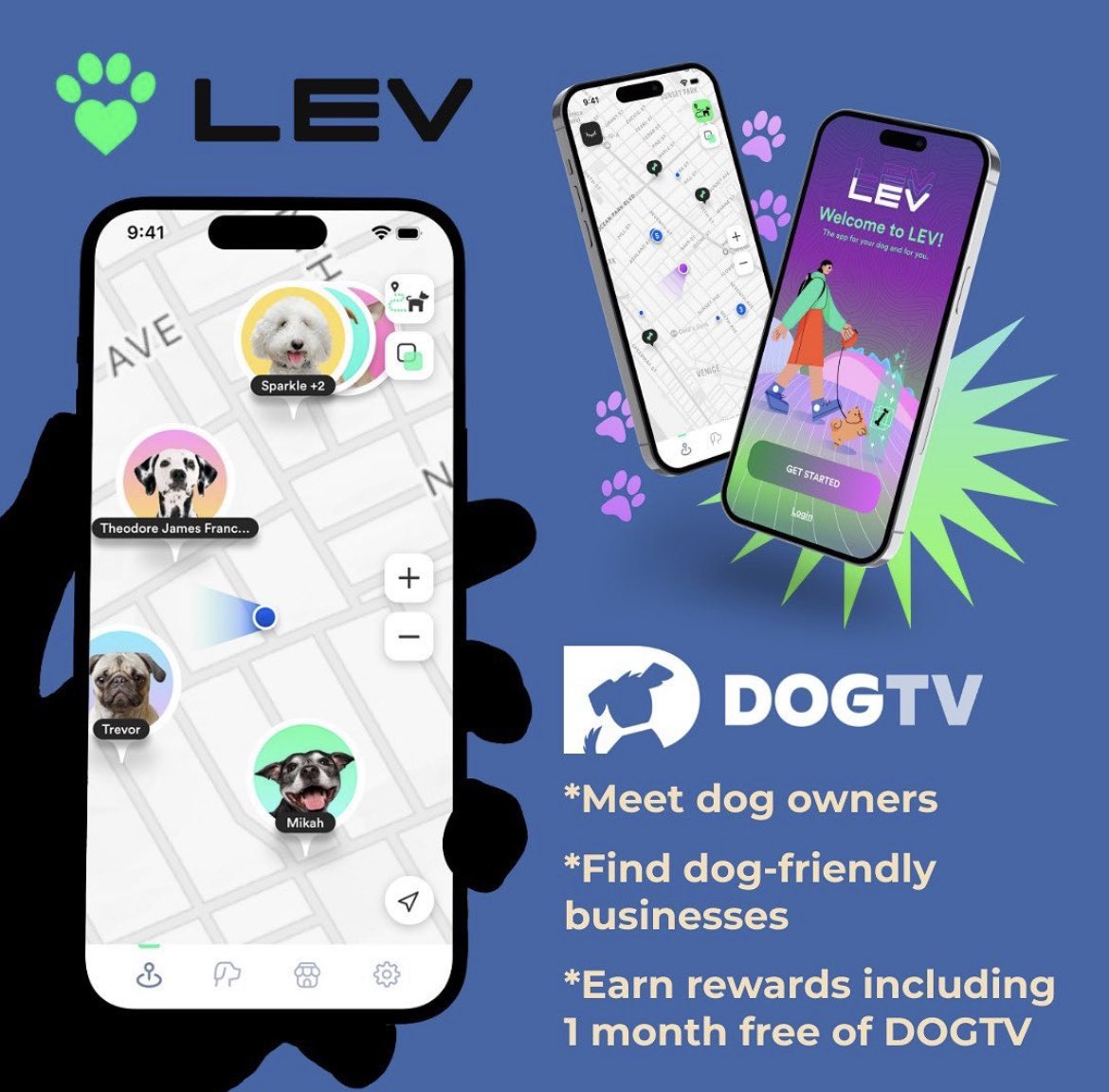 LevMaps's tweet photo. LEV Maps is an app that allows users Ti connect with other pet parents, find dog friendly businesses and earn rewards while walking their dogs! Start using LEV Maps today to earn some amazing rewards including one month FREE of DOGTV 🐶📺 
Download LEV Maps for FREE on App Store https://t.co/MYzd7Wzlpp
